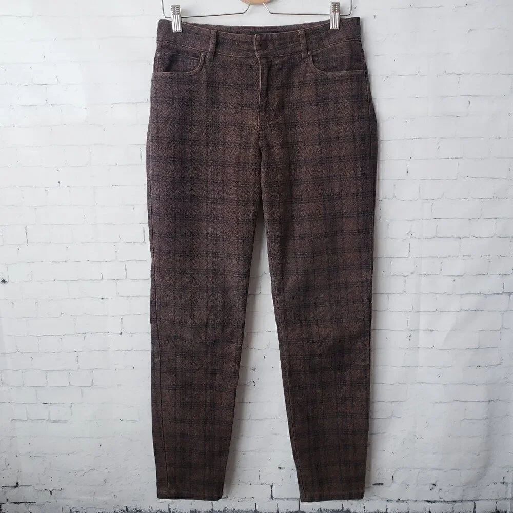 Peruvian Connection Plaid Brown Pants Size 6 Stretch Cotton Straight Leg